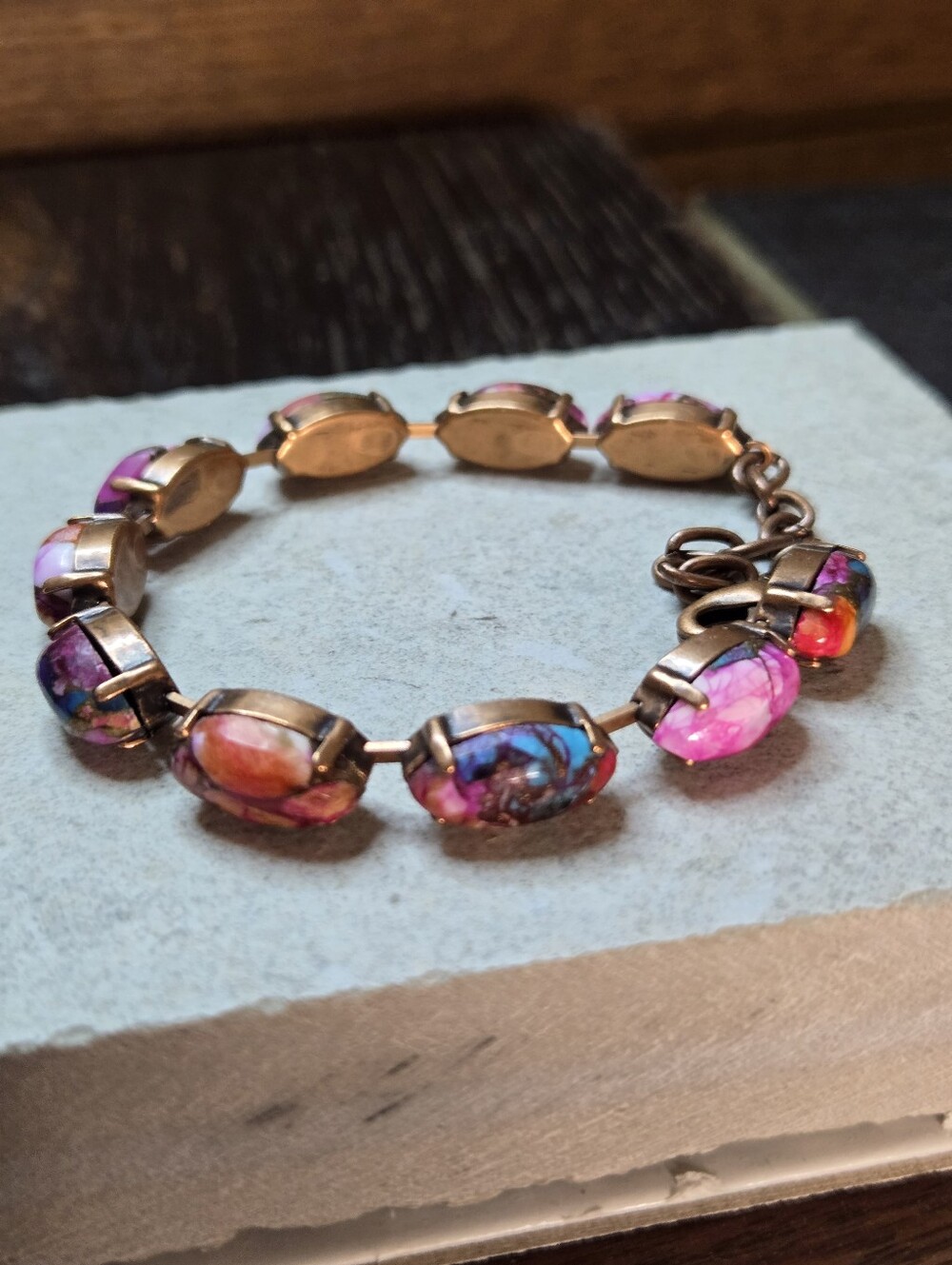 Genuine Pink-Purple Dahlia Spiny Oyster Turquoise In Antique Copper Bracelet